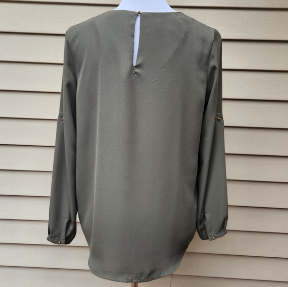 Harve Benard Olive Green Blouse Keyhole Neck Long Sleeves Office Wear - Picture 8 of 12